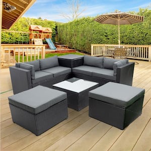 6-Piece Patio PE Rattan Wicker Outdoor Conversation Sofa Set with Table, Stools, Storage Box and Cushions, Black