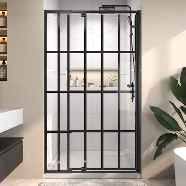 Victoria 38-42 in. W x 71 in. H Pivot Swing Framed Shower Door in Black Silkscreen with Clear SGCC Tempered Glass