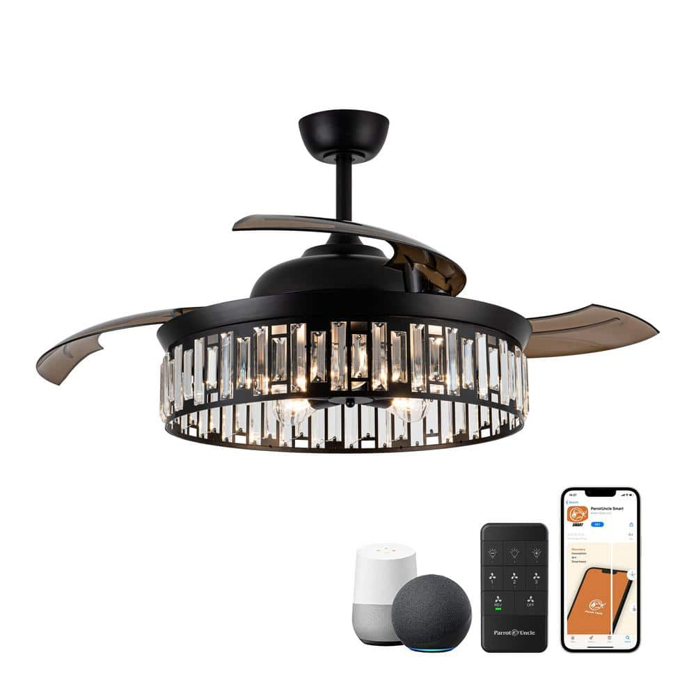 52 in. Indoor Matte Black Smart Crystal Ceiling Fan Fandelier with Light and Remote, Works with Google Home/Alexa/Tuya