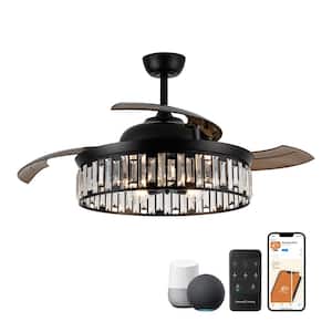 52 in. Indoor Matte Black Smart Crystal Ceiling Fan Fandelier with Light and Remote, Works with Google Home/Alexa/Tuya