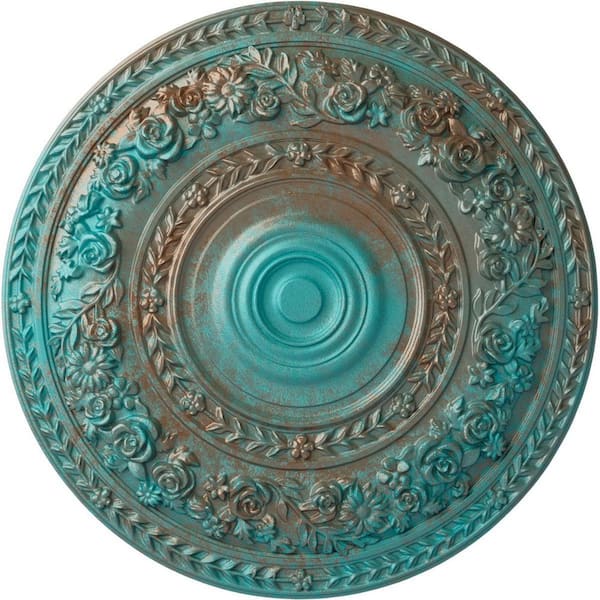 Ekena Millwork 2-3/8 in. x 33-7/8 in. x 33-7/8 in. Polyurethane Rose Ceiling Medallion, Copper Green Patina