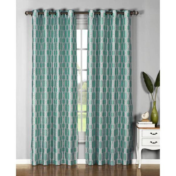Window Elements Teal Geometric Faux Silk Grommet Room Darkening Curtain - 54 in. W x 84 in. L