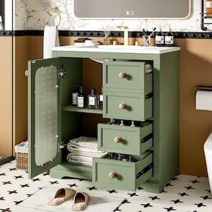 30 in. W Single Sink Freestanding Bath Vanity in Green with White Ceramic Top, shelves, Drawers/Soft Close Glass Door