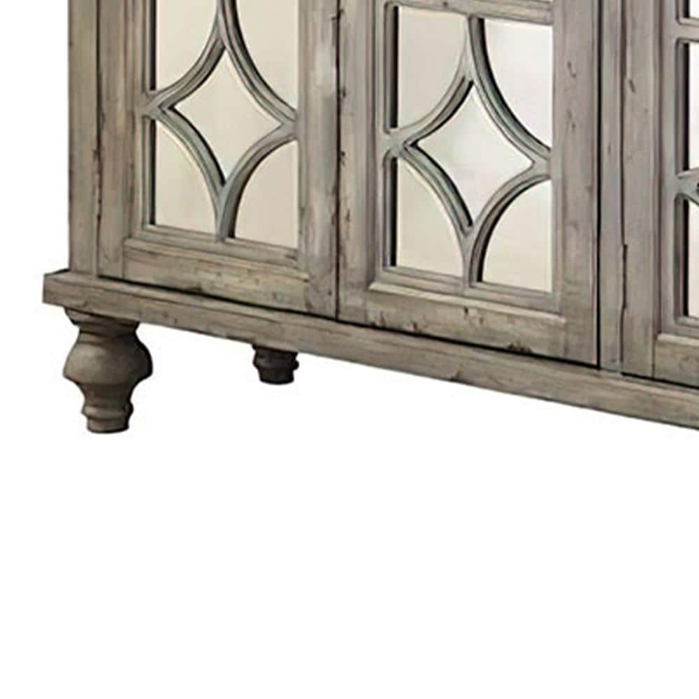 Velika Weathered Gray Wooden Console Table with Mirrored Doors