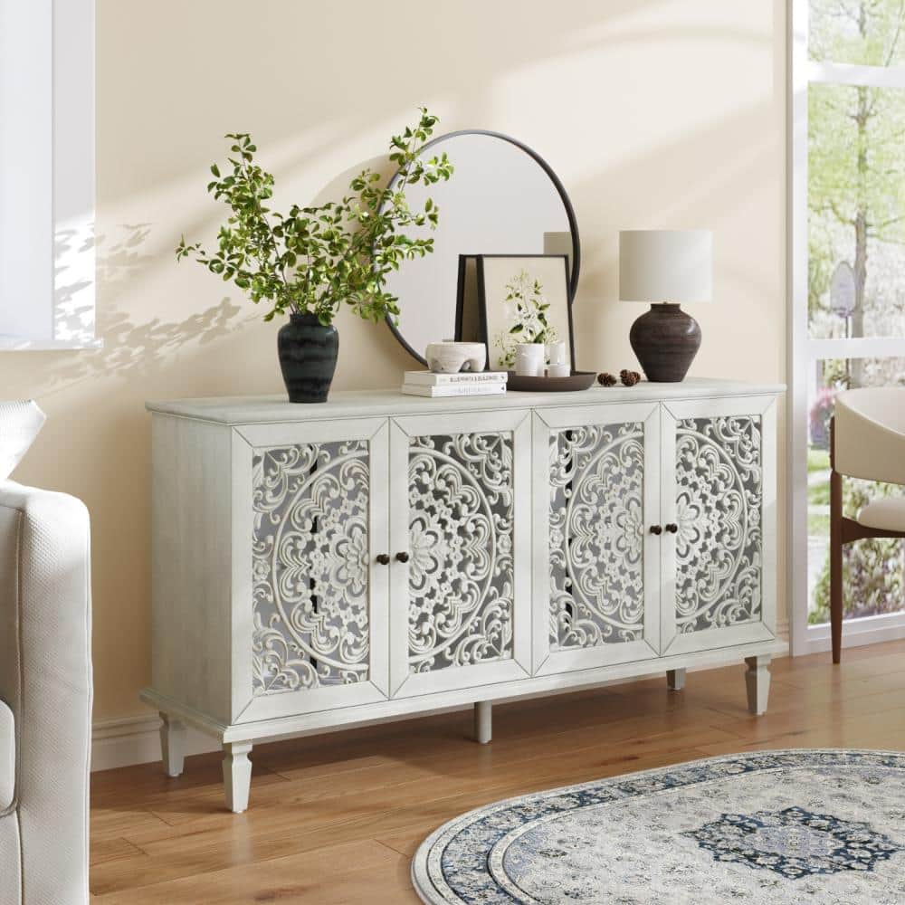 60" Antique Buffet Cabinet – Floral Carvings, Brass Handles, Fits 65" TV, Antique Grey White