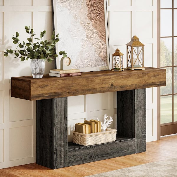 BYBLIGHT Turrella 63 in. Brown Rectangle Wood Console Table with U Shaped Base