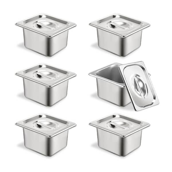 6-Piece Stainless Steel Hotel Pans Set Silver Finish Anti-Jam Chafing Steam Table Food Storage with Lids
