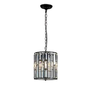 ALOA 10 in. 3-Light Matte Black Clear Crystal Lantern Drum Pendant with Wrought Iron Accents Wrought Iron Accents
