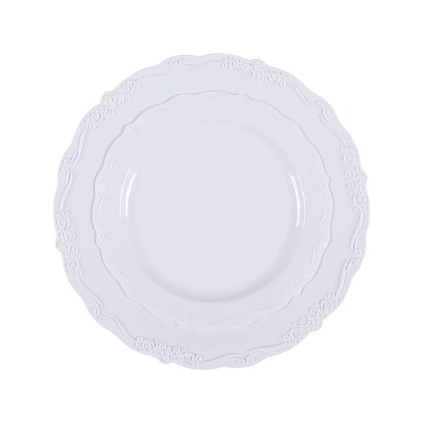 SKYSHALO Plastic Disposable Plates 100-Piece White Plastic Plates for Wedding and Party Divided Serving Dishes 2 Compartments