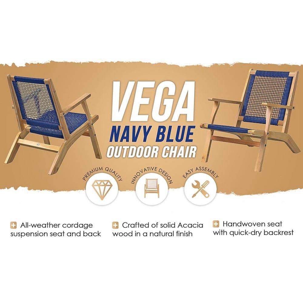 Vega Midcentury Natural Acacia Wood Outdoor Chair with Navy Blue Cording