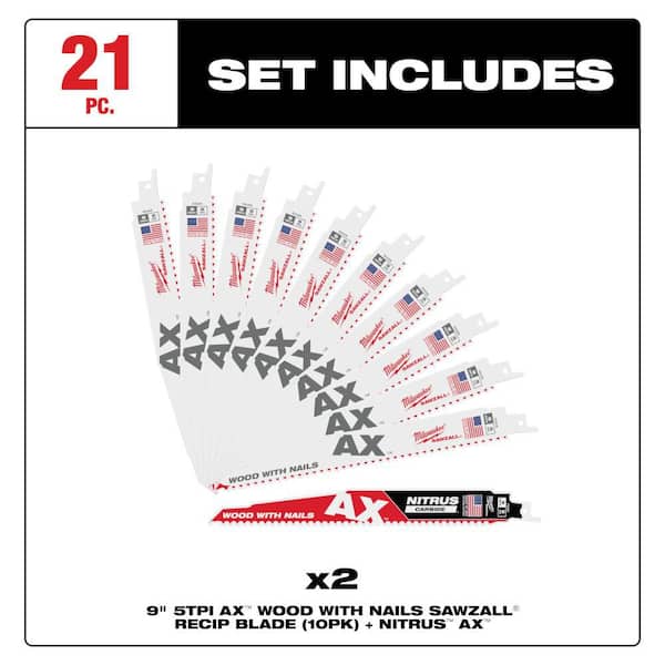 9 in. 5 TPI AX Nail-Embedded Wood Cutting SAWZALL Reciprocating Saw Blades with Carbide Ax Blade + CAX 2 PACK
