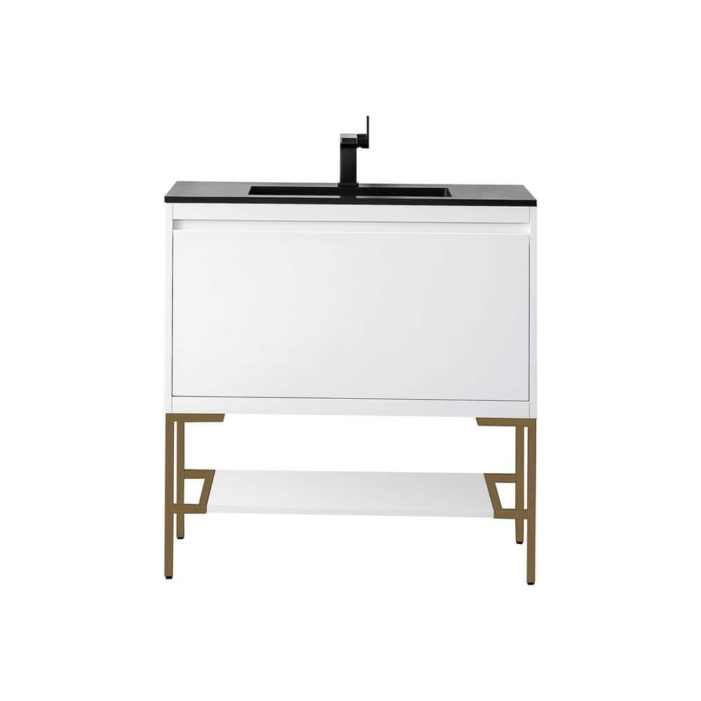 James Martin Vanities Milan 35.4 in. W x 18.1 in. D x 36 in. H Bathroom Vanity in Glossy White with Charcoal Black Mineral Composite Top -  801V35.4GWRGDCHB