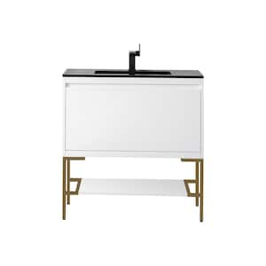 Milan 35.4 in. W x 18.1 in. D x 36 in. H Bathroom Vanity in Glossy White with Charcoal Black Mineral Composite Top
