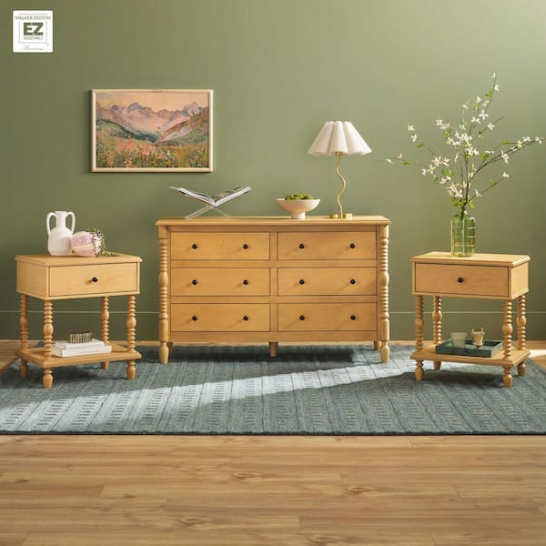 Modern Farmhouse Easy Assembly 3-piece Solid Wood Natural 1-drawer Nightstands and 6-drawer Dresser Set