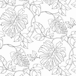 30.75 sq. ft. Black and White Tropical Linework Vinyl Peel and Stick Wallpaper Roll