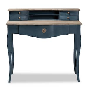 39.5 in. Blue/Oak Rectangular 5 -Drawer Writing Desk with Gold Hardware