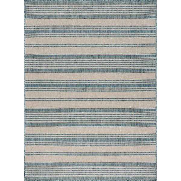 Unbranded Naira Coastal Beach Aqua Blue/White 7 ft. 6 in. x 9 ft. 5 in. Striped Polypropylene Indoor/Outdoor Area Rug