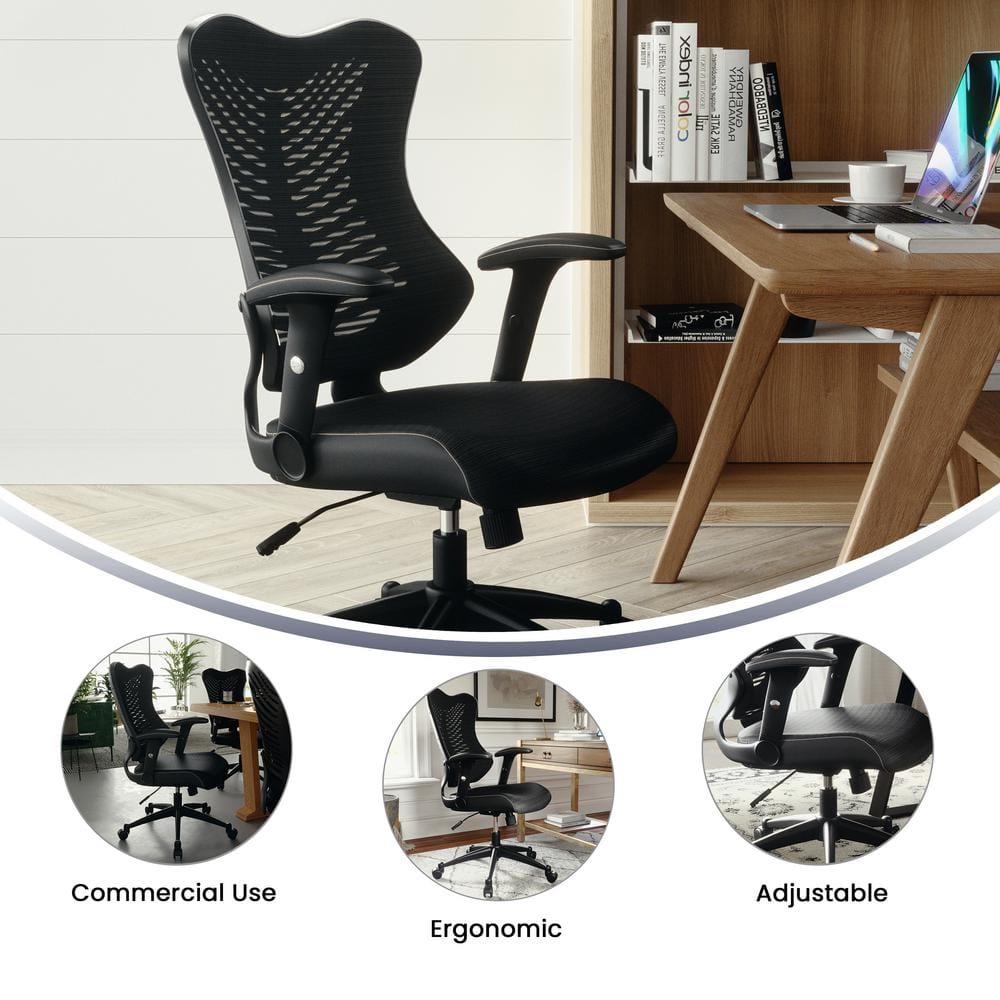 Contemporary High-Back Black Mesh & Leather Executive Office Chair with Adjustable Arms