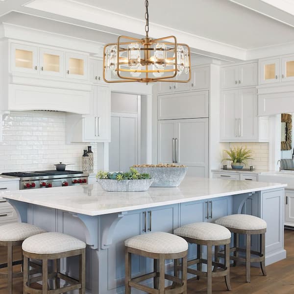 Modern 4-Light Gold Metal Cage Crystal Chandelier Round Hanging Pendant Light for Kitchen Dining Room
