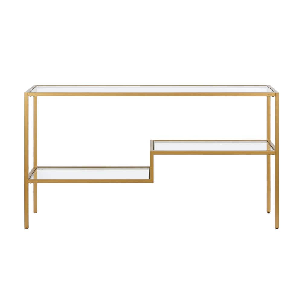 Evelyn&Zoe Lovett Modern Brushed Gold Console Table with Tempered Glass Shelves