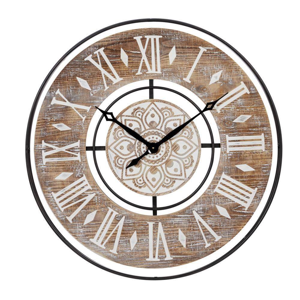 34" Brown Metal and Wood Industrial Wall Clock