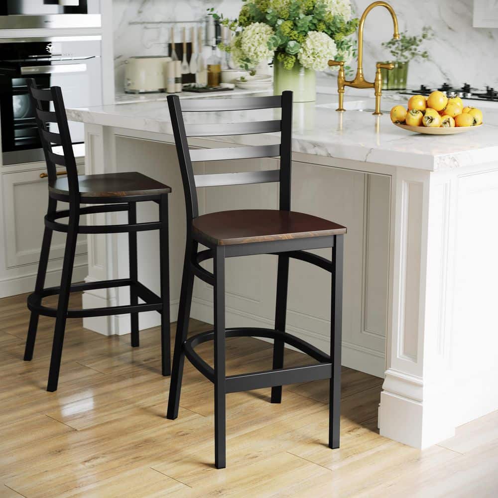 Elegant Black Metal Ladder Back Barstool with Mahogany Wood Seat