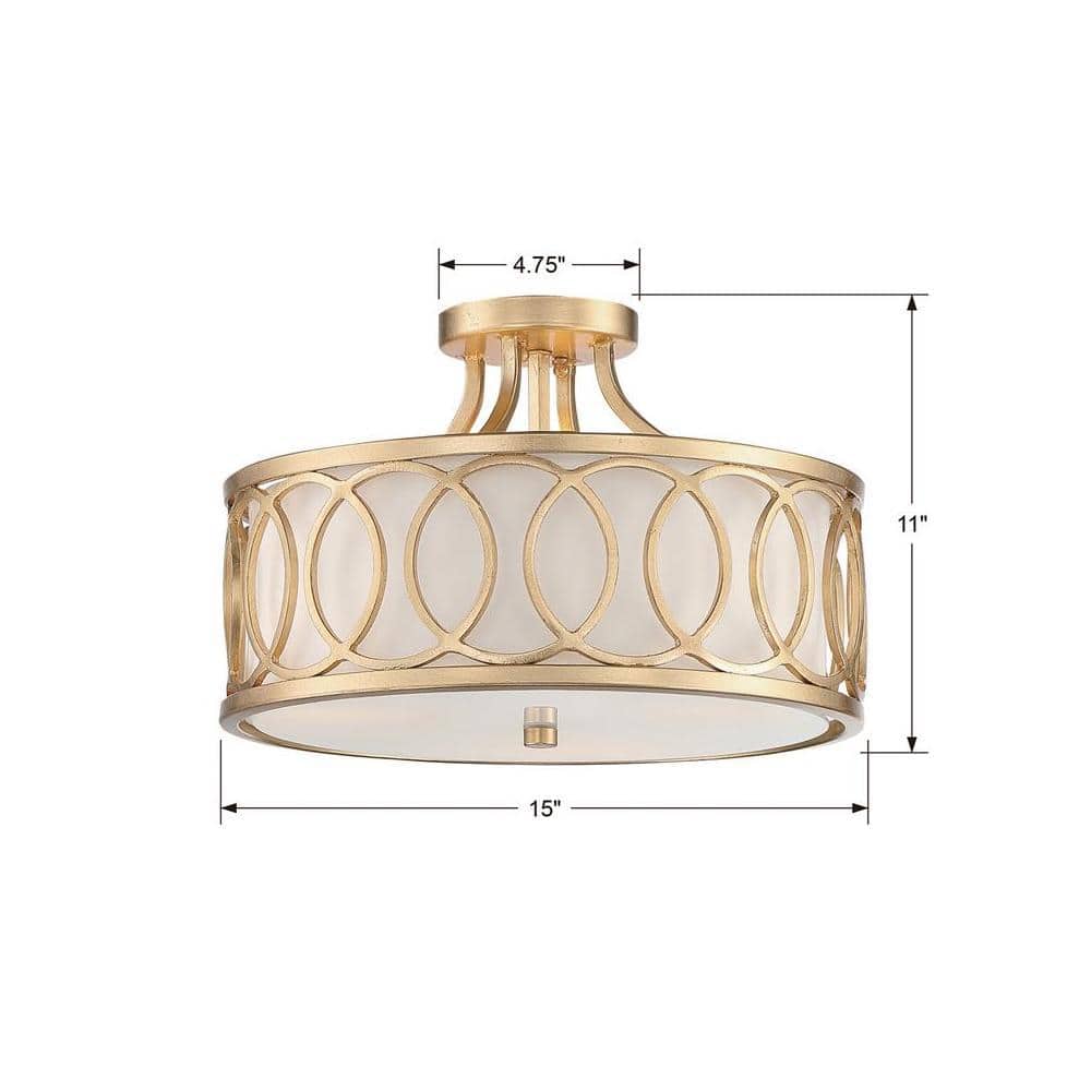 Libby Langdon Antique Gold Circular 3-Light Semi-Flush Mount with White Silk Shade