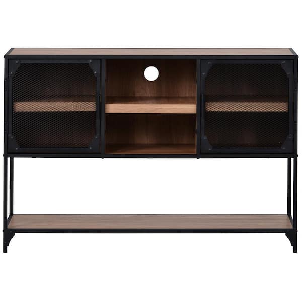 Tatahance 48 in. L Barnwood Industrial Rectangle Console Table with Metal Grid Door and Shelves
