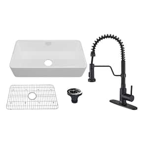 All-in-One 36 in. Farmhouse/Apron-Front Single Bowl Fireclay Kitchen Sink with Faucet, Bottom Grid, and Basket Strainer