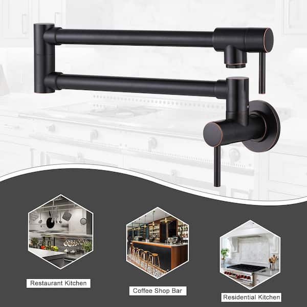 Brass Wall Mount Pot Filler with Double Handle, 2-aerators and Swing Arms Folding Kitchen Faucet in Oil Rubbed Bronze