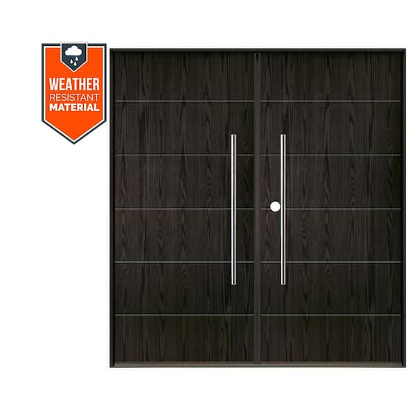 TETON Modern Faux Pivot 72 in. x 79 in. Right-Active/Inswing Baby Grand Stain Double Fiberglass Prehung Front Door