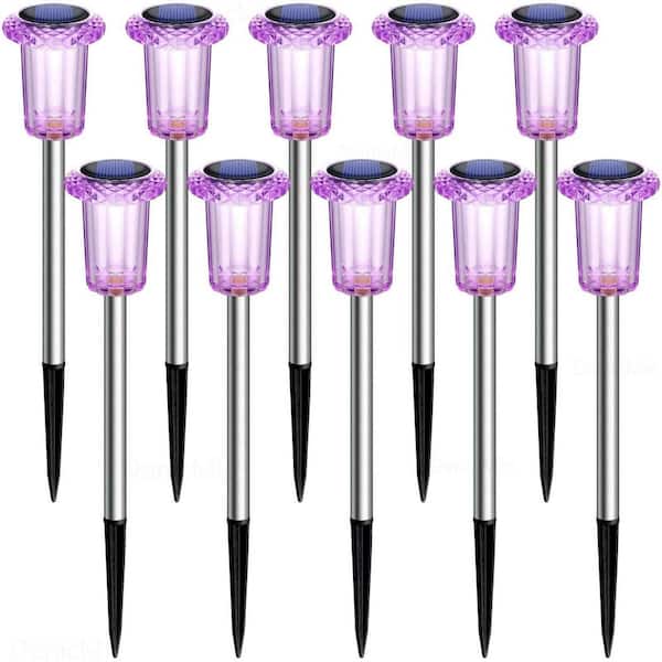10 Pack Purple LED Solar Pathway Lights, Waterproof Stainless Steel Landscape Lamp for Yard Garden Halloween Decor