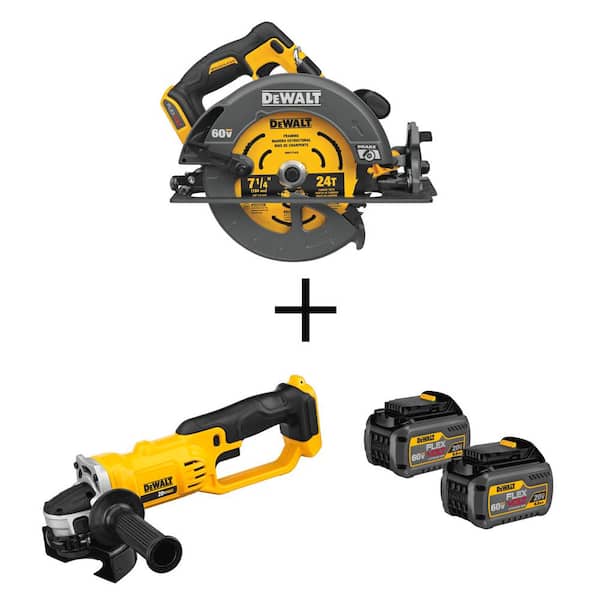 FLEXVOLT 60-V7-1/4 in. Cordless Circular Saw(Tool-Only) w/ Bare 20V 4-1/2 - 5 in. Grinder & FLEXVOLT 6Ah Battery(2-Pk)