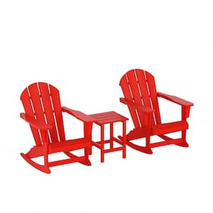 Laguna 3-Piece Fade Resistant Outdoor Patio HDPE Poly Plastic Adirondack Rocking Chairs and Side Table Set, Red