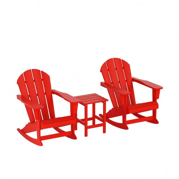 Laguna 3-Piece Fade Resistant Outdoor Patio HDPE Poly Plastic Adirondack Rocking Chairs and Side Table Set, Red