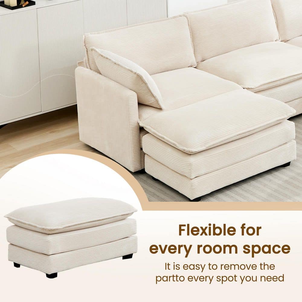 Modular beige corduroy sectional sofa showing the removable ottoman.