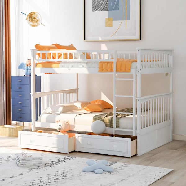 Harper & Bright Designs White Full Over Full Wood Bunk Bed with 2-Drawers