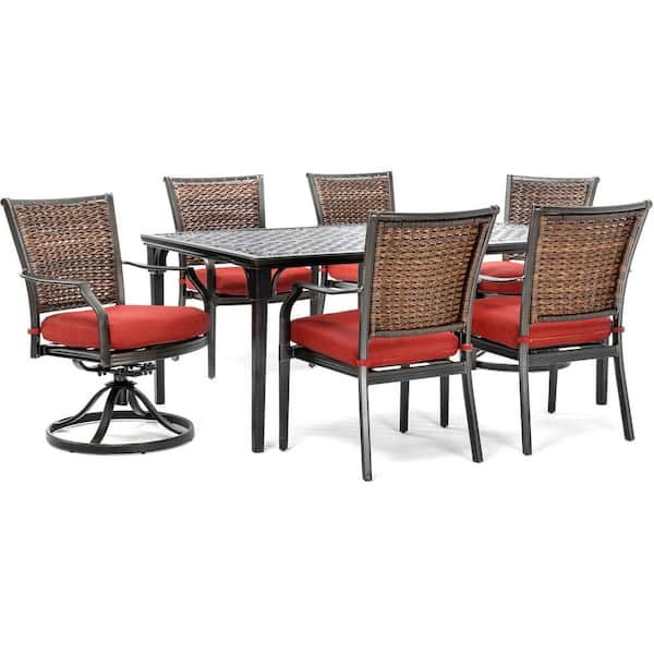 Hanover Mercer 7-Piece Aluminum Outdoor Dining Set with Crimson Red Cushions, 4 Dining Chairs 2 Swivel Rockers and Table