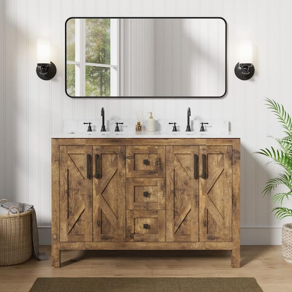 48 in. W x 22 in. D x 33.5 in. H Double Sink Bath Vanity in Walnut with White Engineered stone Top (Assembled)