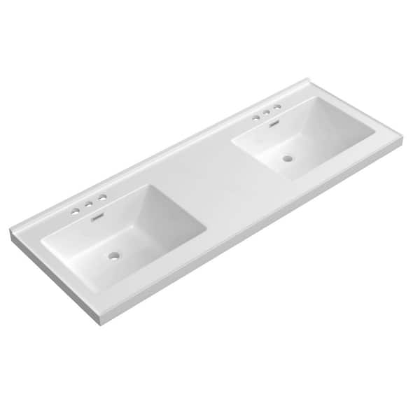 60 in. W x 22 in. D Solid Surface White Rectangular Double Sink Bathroom Vanity Top and Basin with 3-Faucet Hole
