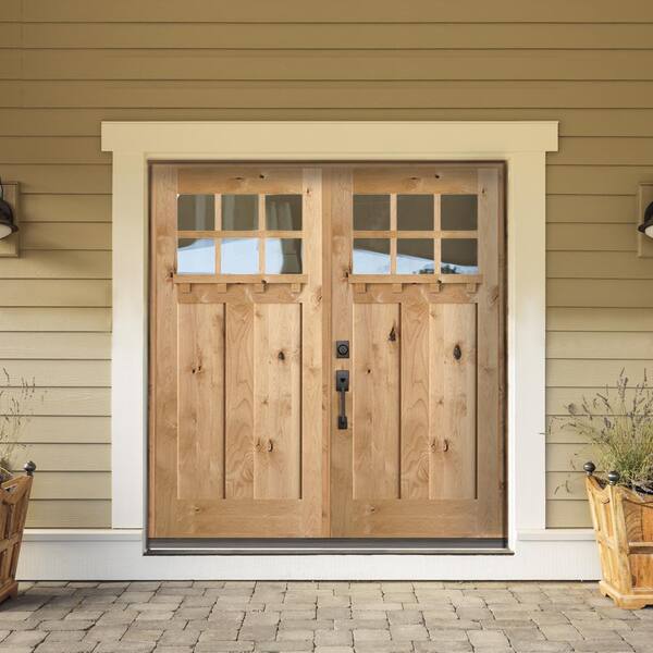 Krosswood Doors 72 in. x 80 in. Craftsman Knotty Alder 9-Lite Clear Glass  Unfinished Wood Right Active Inswing Double Prehung Front Door