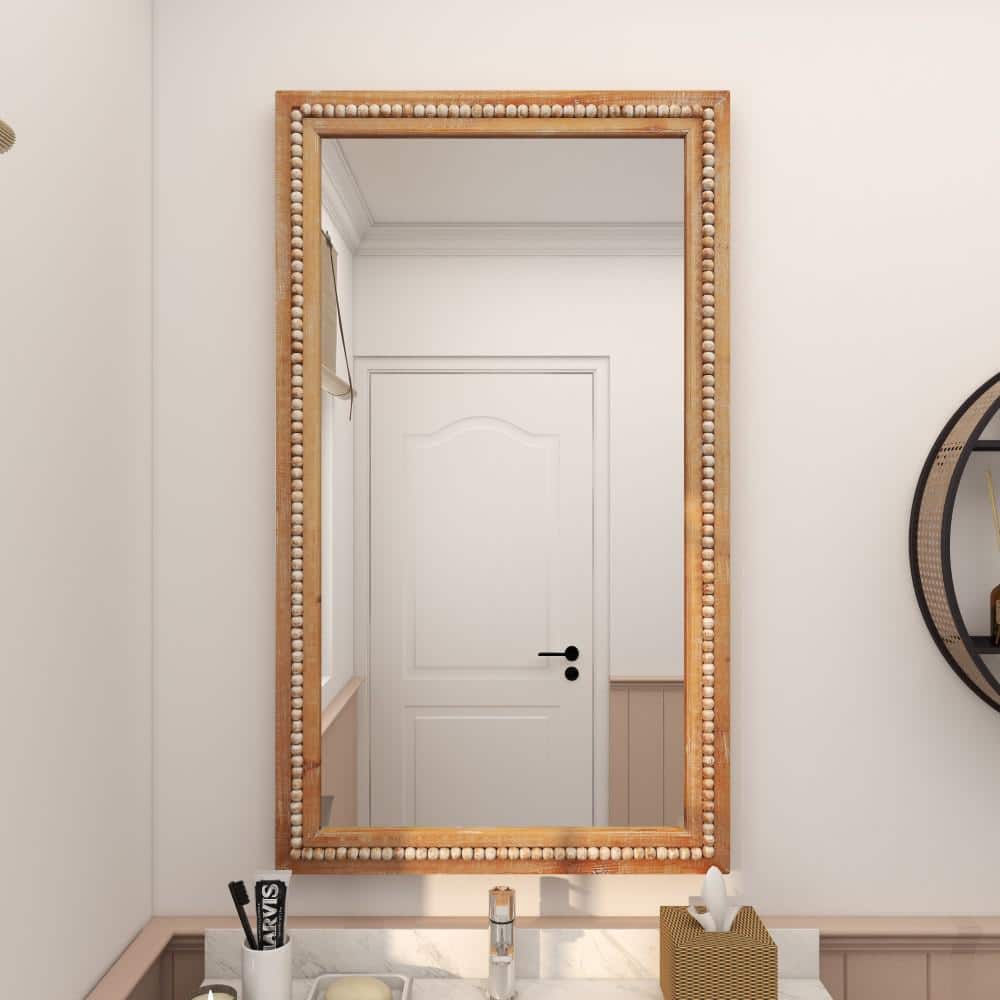 Light Brown Bohemian Wood Rectangular Wall Mirror with Beaded Detail