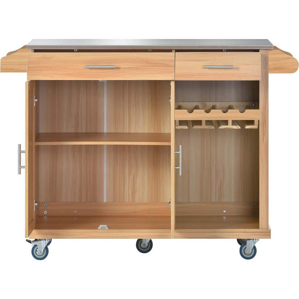 Brown Kitchen Island On Wheels With 2-drawers And Goblet Holder 