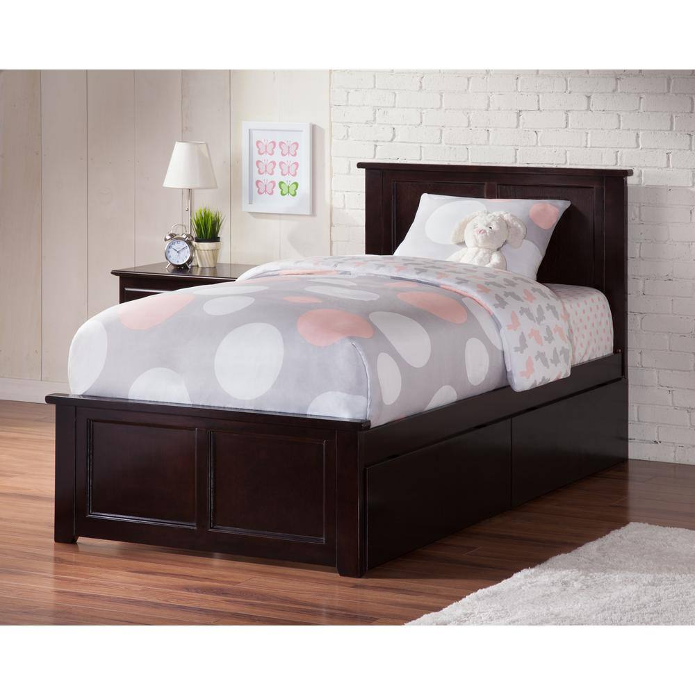 Twin Brown Wood Frame Platform Bed with Storage Drawers