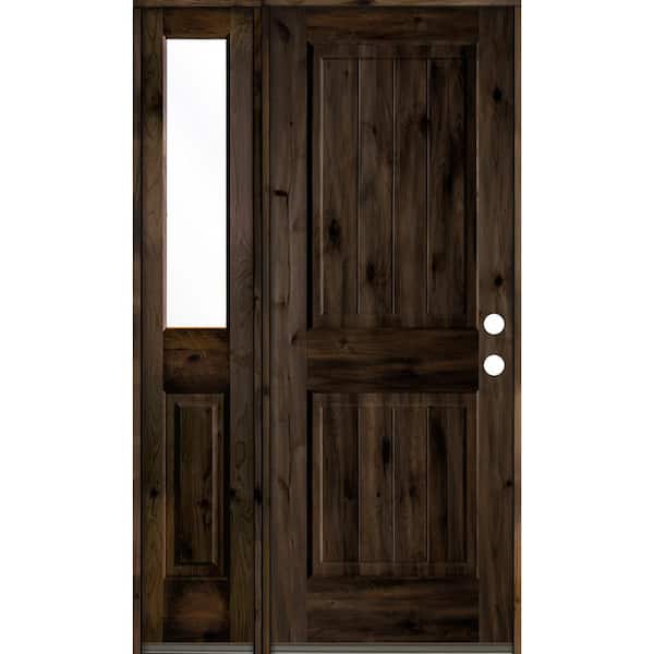 Krosswood Doors 44 in. x 80 in. Rustic Knotty Alder 2 Panel Left-Hand/Inswing Clear Glass Black Stain Wood Prehung Front Door w/Sidelite