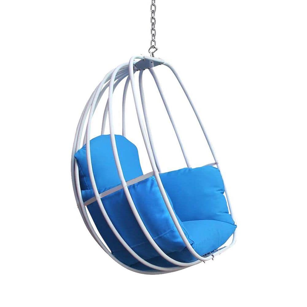White Metal Porch Swing Hanging Chair Hammock Egg Chair with Blue Cushion a
