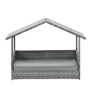Small to Medium Gray Wicker Dog Bed with Gray Canopy and Cushion