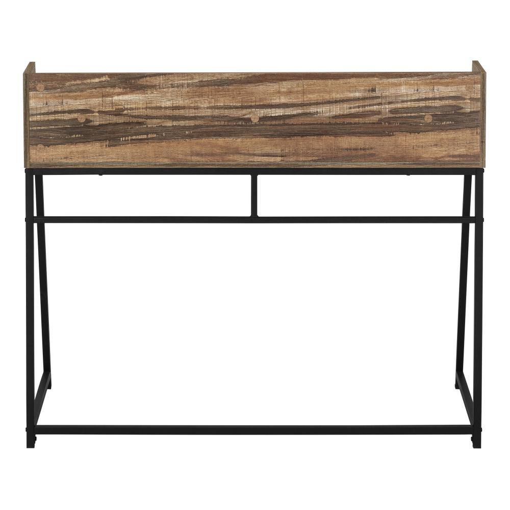 Solid wood-look desk with a shelf and black metal frame.
