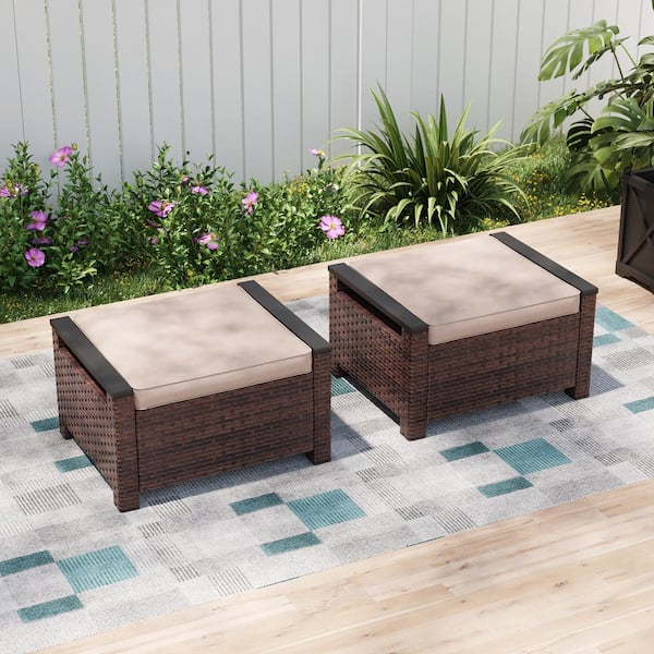 Sonkuki 2-Piece Metal Outdoor Ottomans All-Weather Brown Wicker Solution-Dyed Fabric Sand Cushion