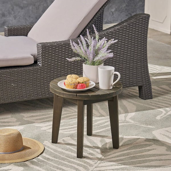 Harper & Bright Designs Gray Finish Round Solid Acacia Wood 14.25 in. H Outdoor Side Table